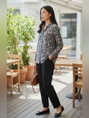 J.Jill‎ Floral Button Front Tunic Top Size LP Black Floral Print Side Slits